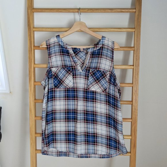Skies Are Blue Plaid Flowy Tank Top - Picture 1 of 5